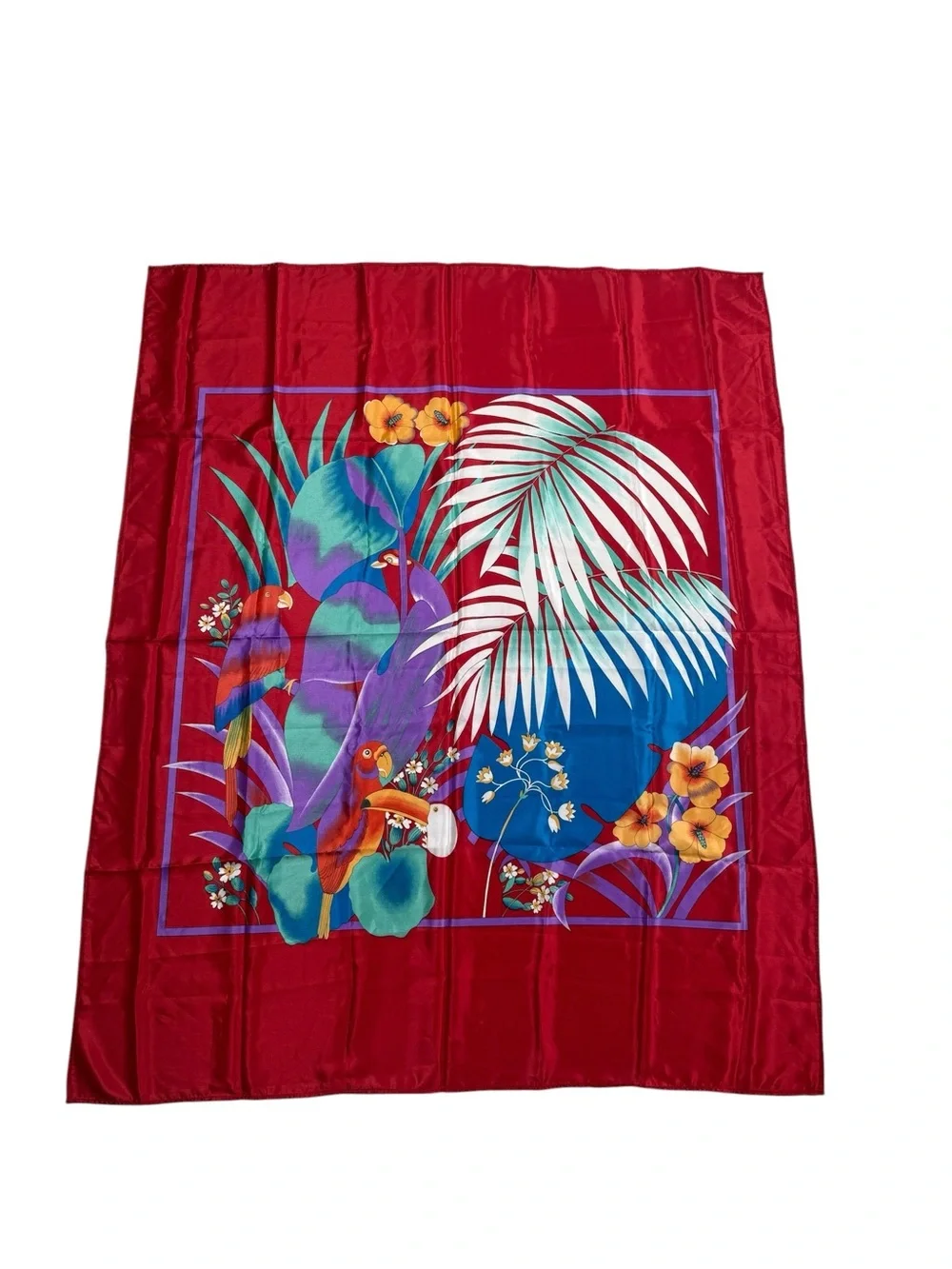 Striking Tropical Birds Palm Leaf Floral Parrot Toucan Silky Vibrant Red Scarf